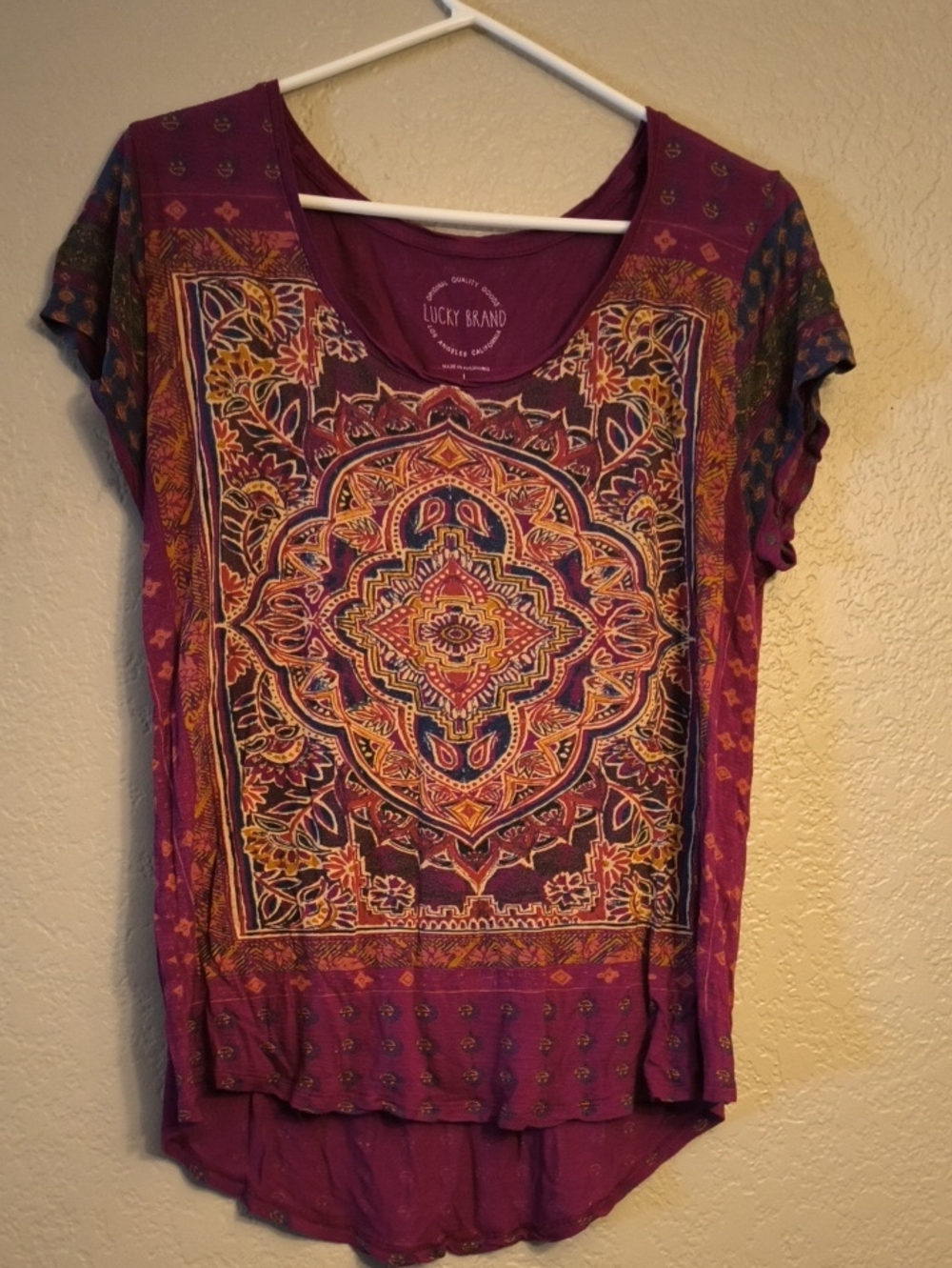 Lucky Brand Purple Boho Medallion Short Sleeve Tee Size Large